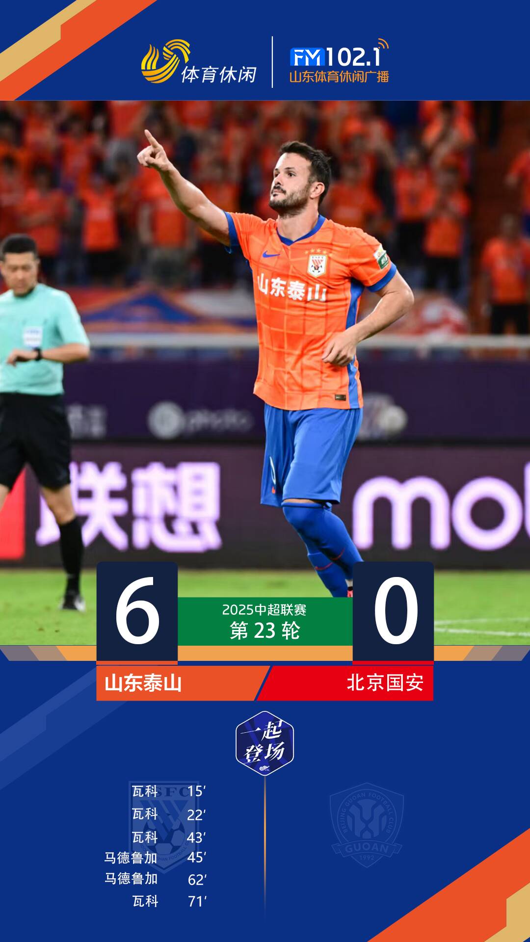 瓦科大四喜 马德鲁加梅开二度,山东泰山6-0战胜北京国安